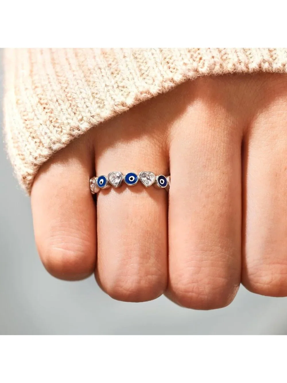 925 Sterling Silver Evil Eye Ring, Enamel Nazar & Heart Bands, Blue Jewelry Gift